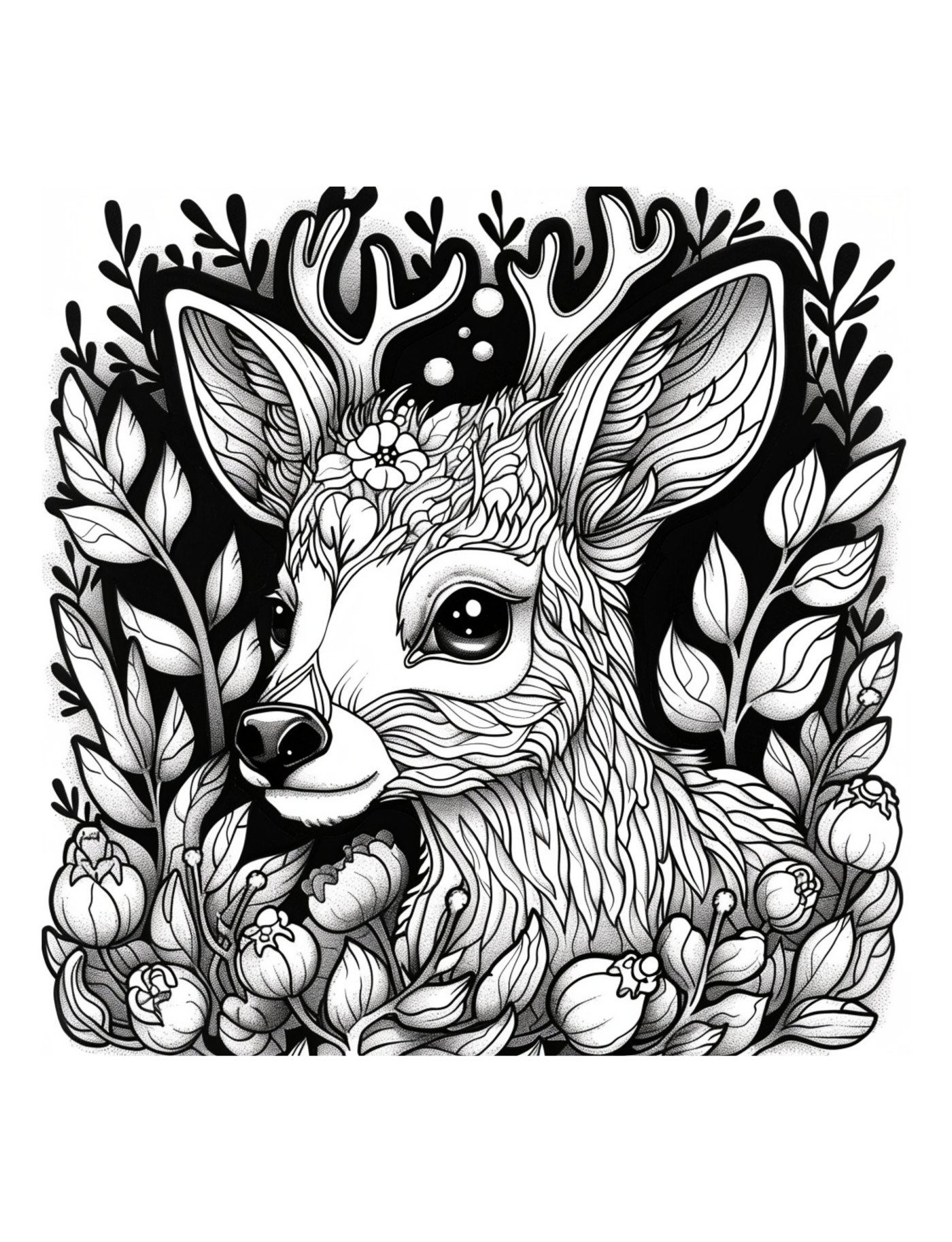 A fawn with flower-decorated antlers surrounded by dense leaves and blossoms on a dark background.