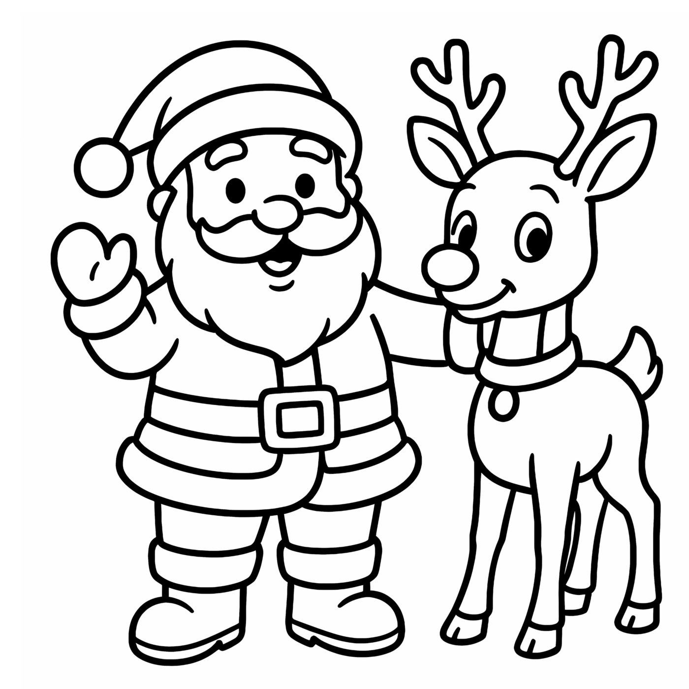 Santa standing arm in arm with a smiling reindeer wearing a scarf.