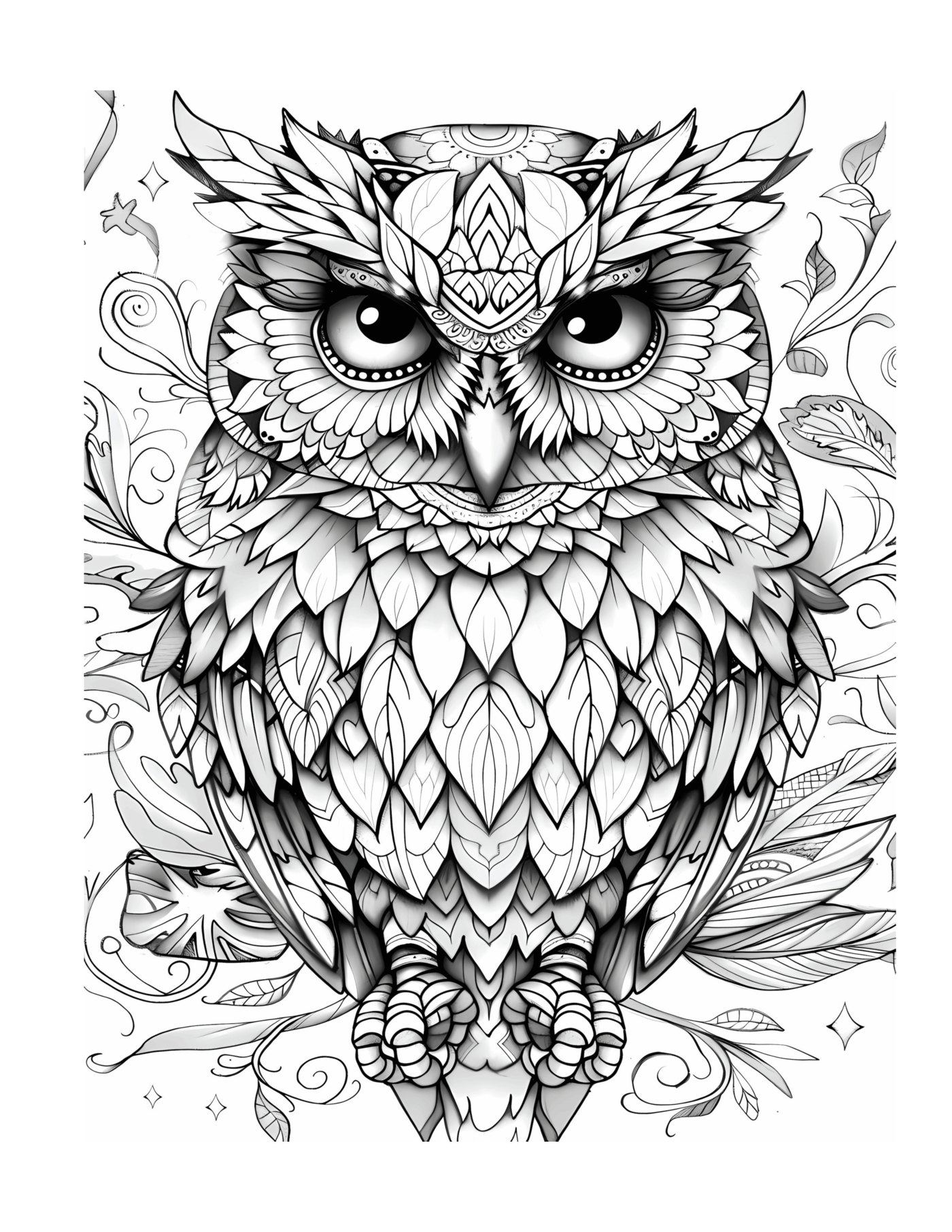 An owl covered in ornamental feather patterns perched on a branch.