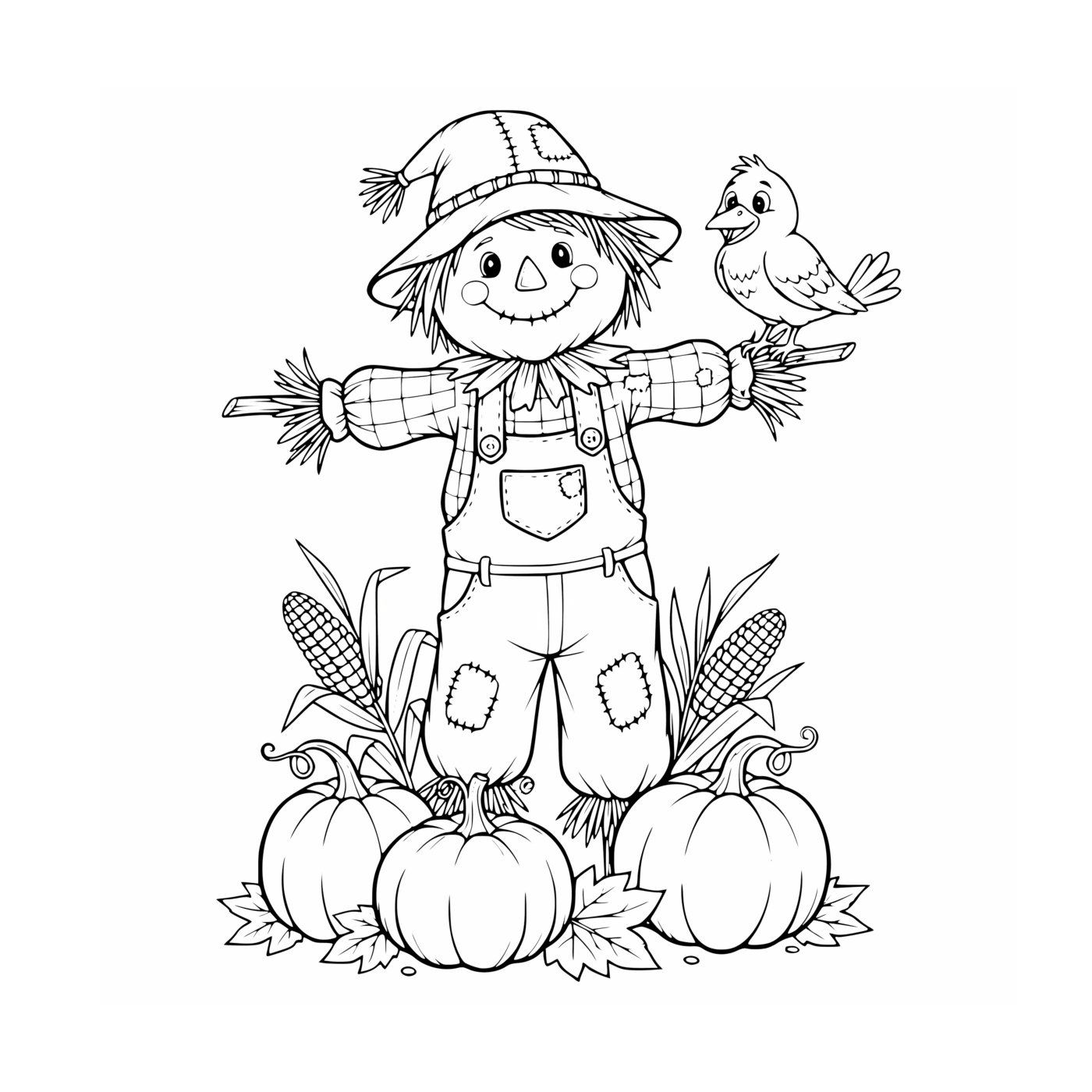 A cheerful scarecrow with a bird on its arm stands among pumpkins and corn stalks.