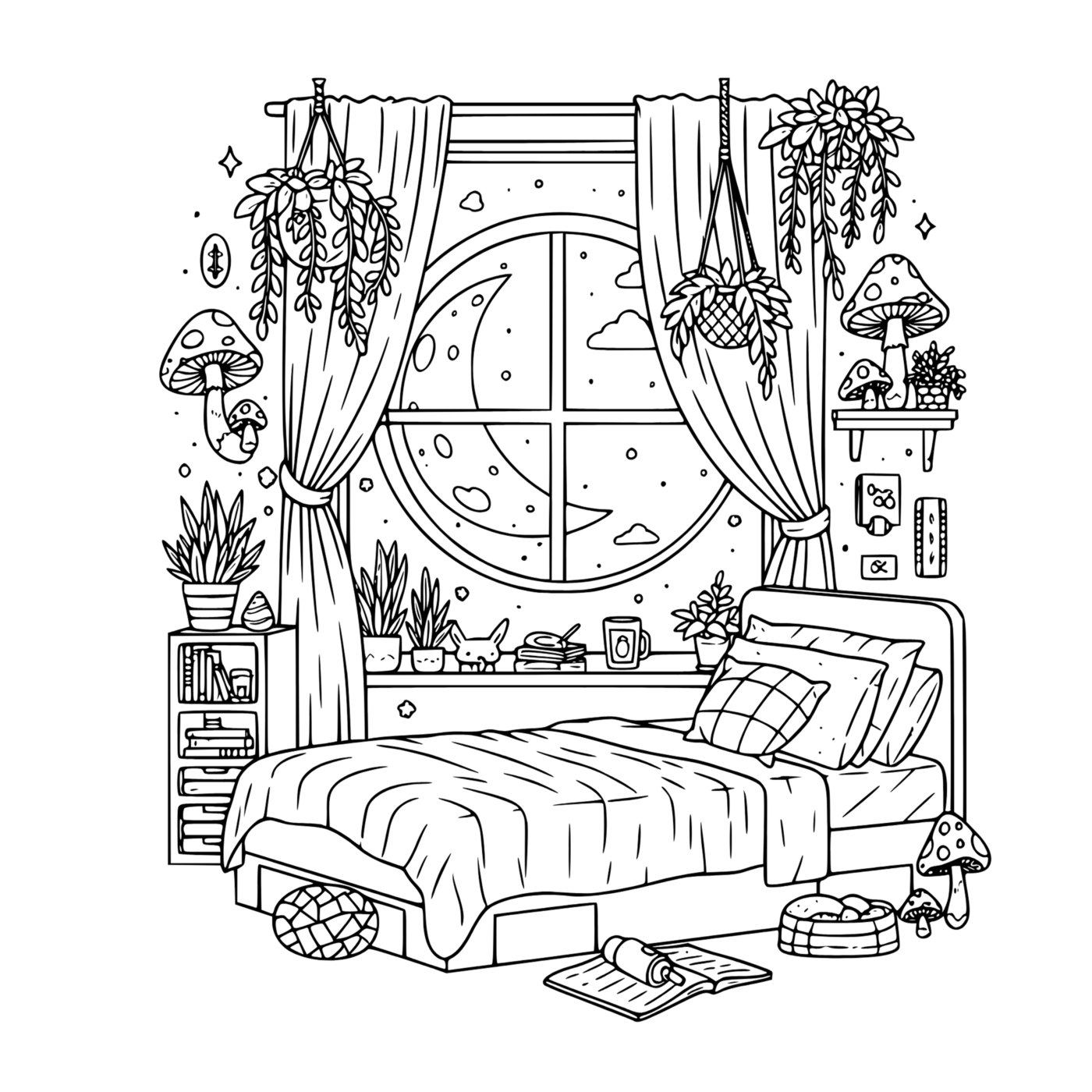A bedroom with a round moonlit window, trailing plants, string lights and a mushroom lamp.