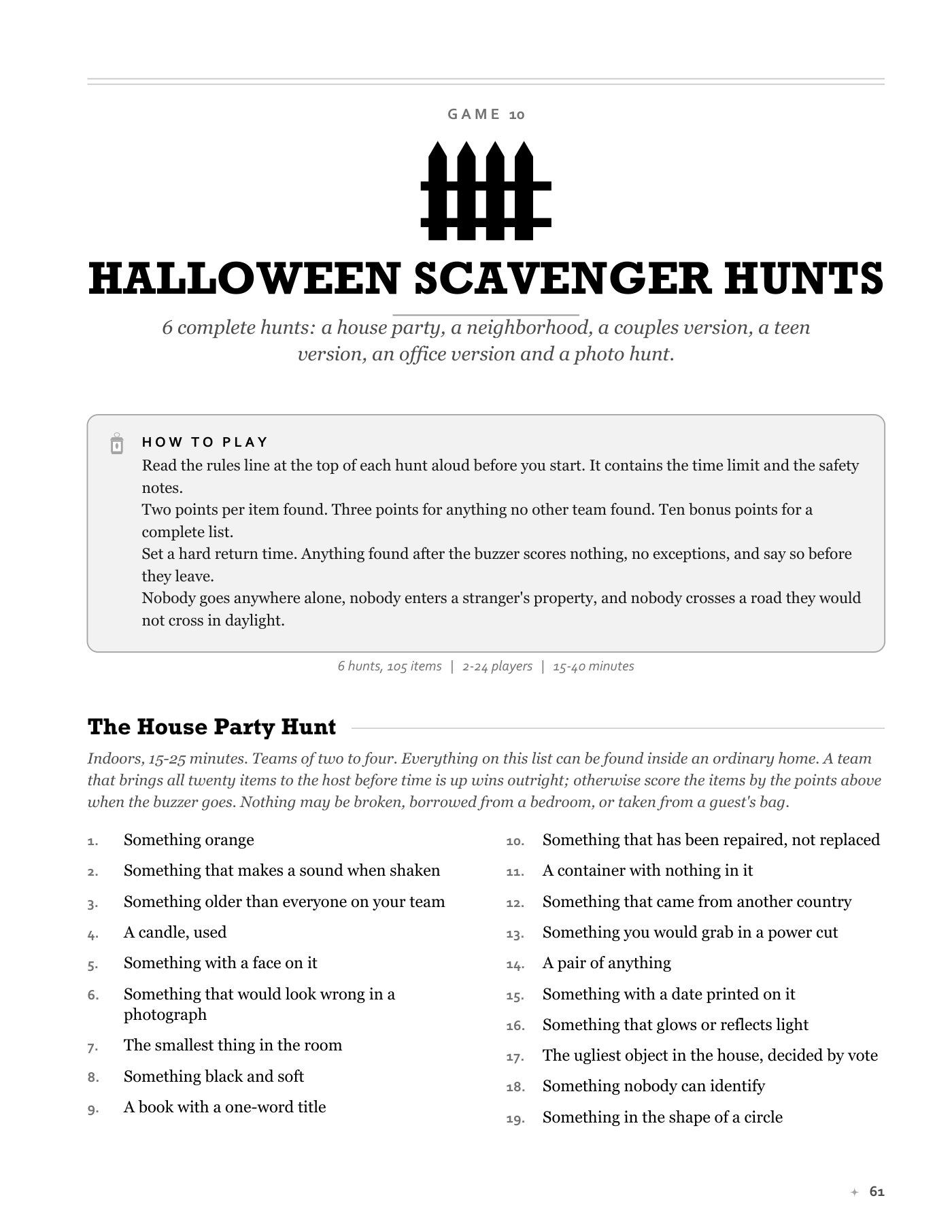 Game 10, Halloween Scavenger Hunts: safety rules and the House Party Hunt item list.