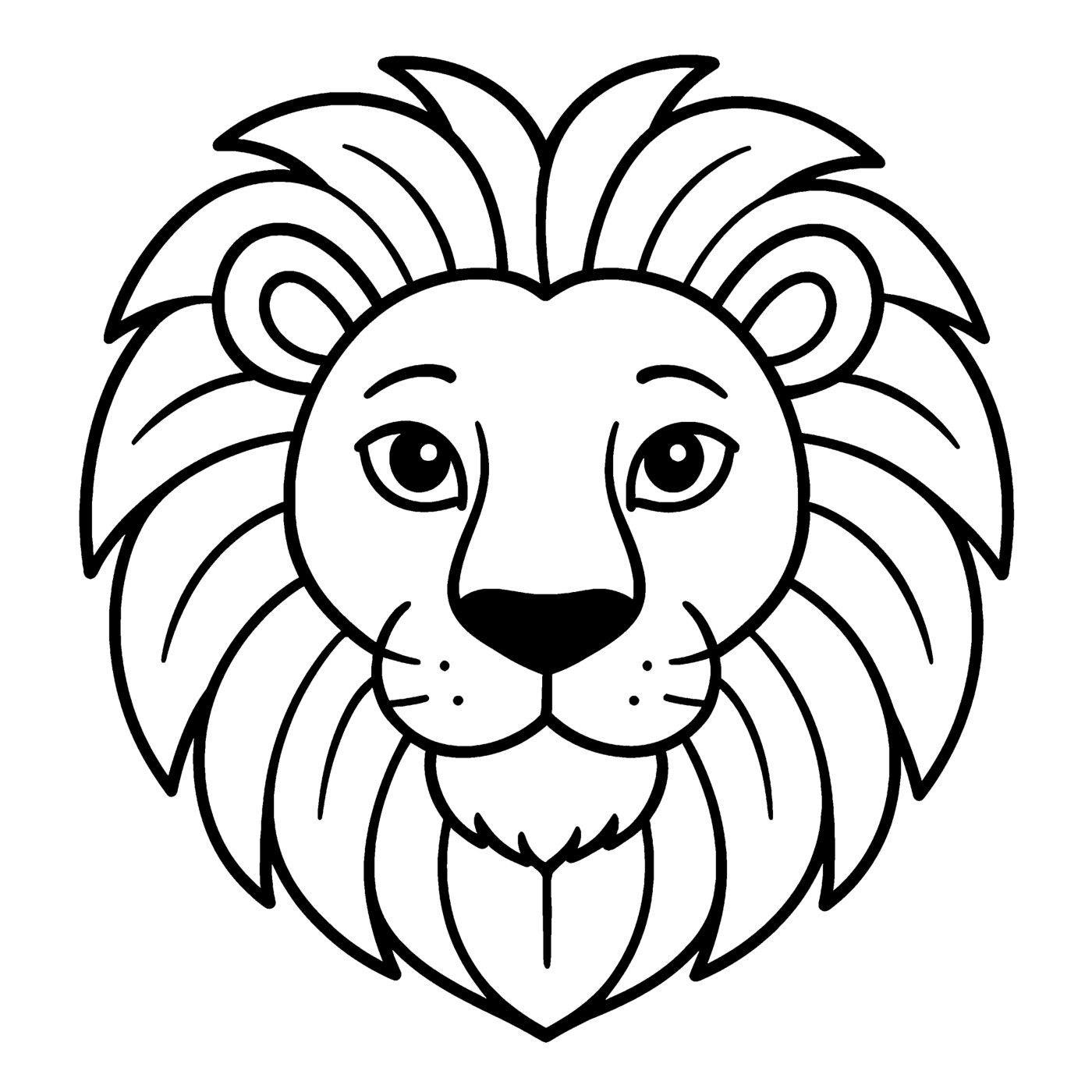 A friendly lion's face with a big layered mane.