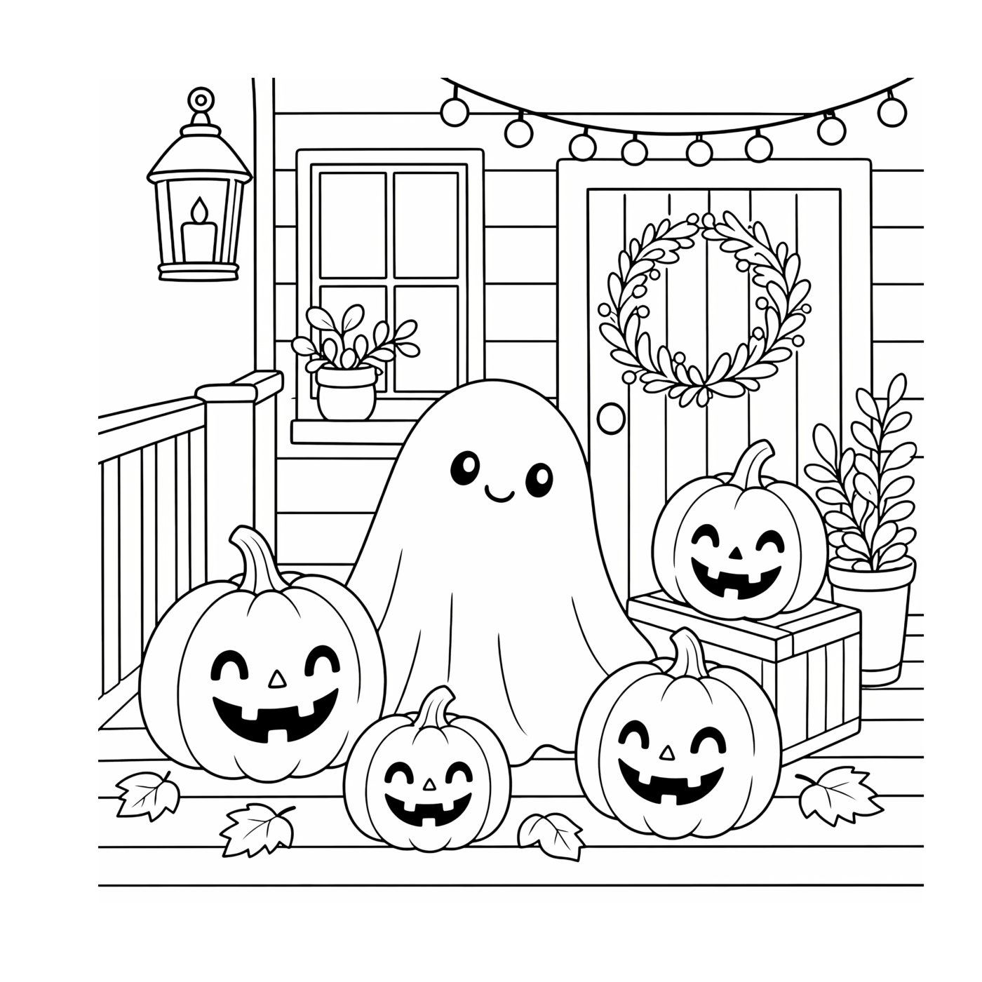 A ghost on a front porch with three carved jack-o'-lanterns, a lantern and an autumn wreath.