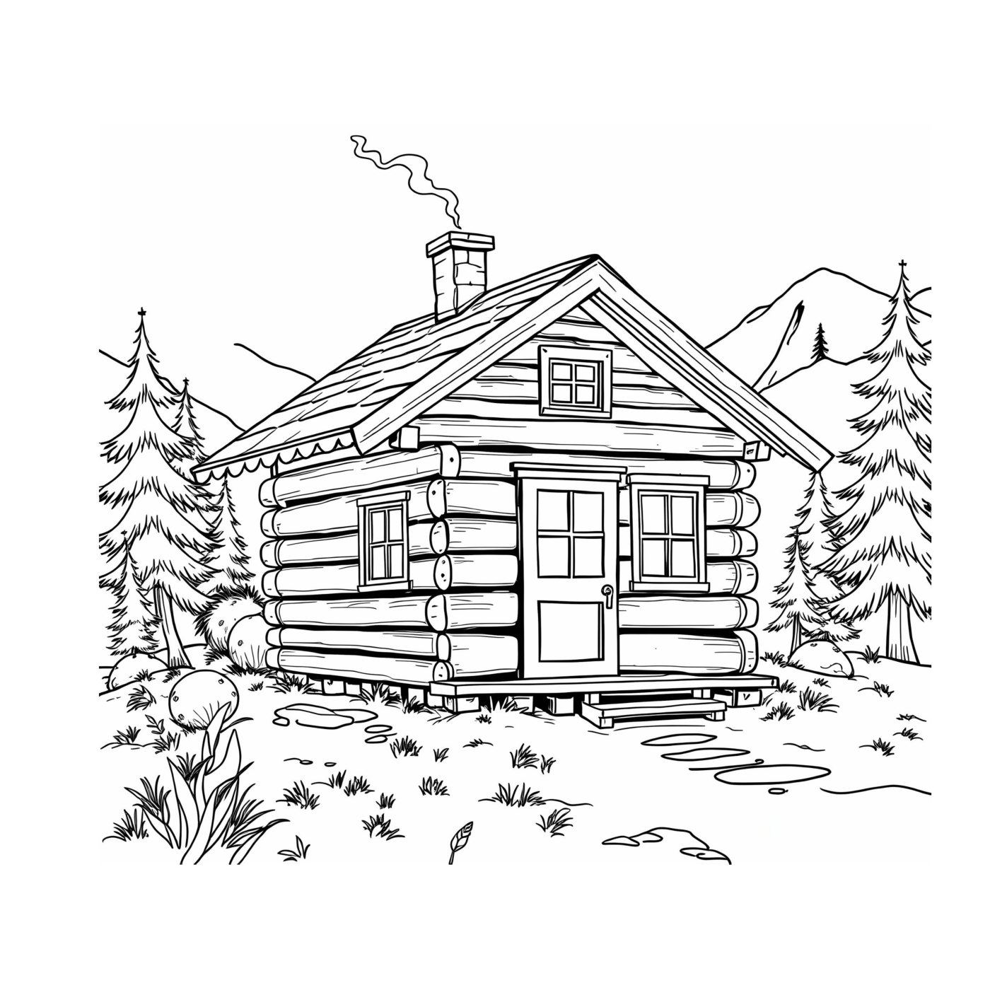 A log cabin with a smoking chimney among pine trees and mountains.