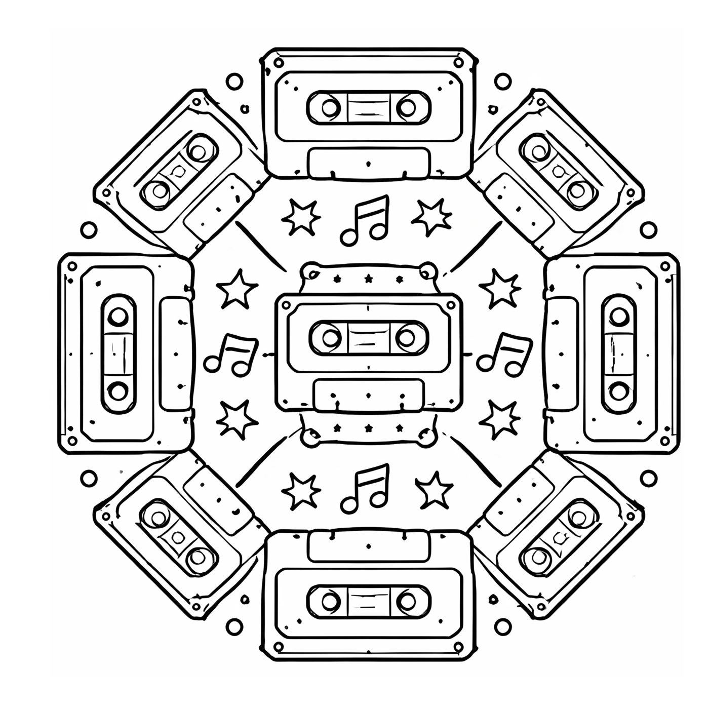 A mandala made of cassette tapes arranged in a ring with music notes and stars.