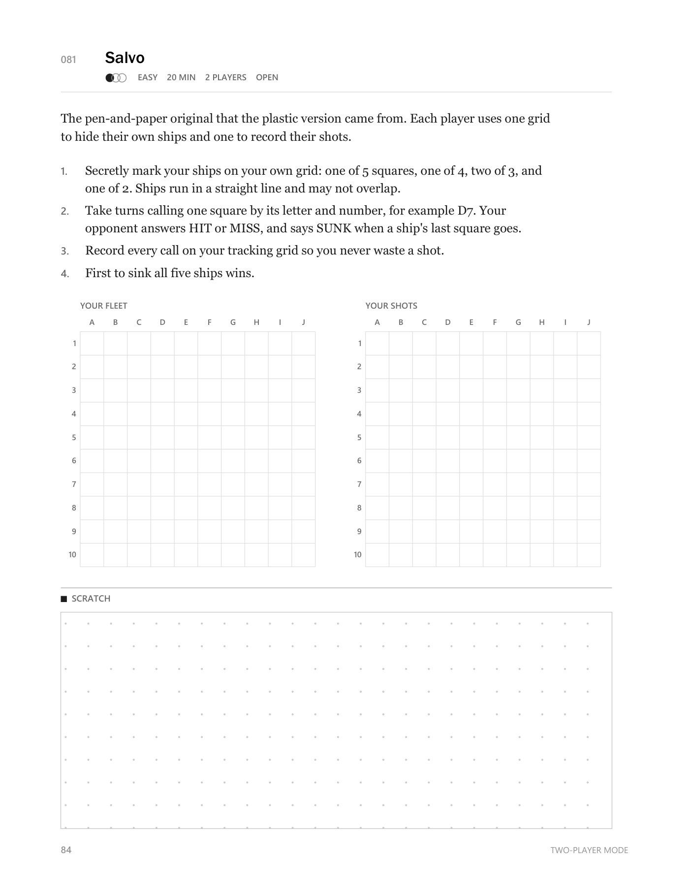 Two-Player Mode: Salvo, the pen-and-paper original of Battleship, with two 10×10 grids for fleet and shots.