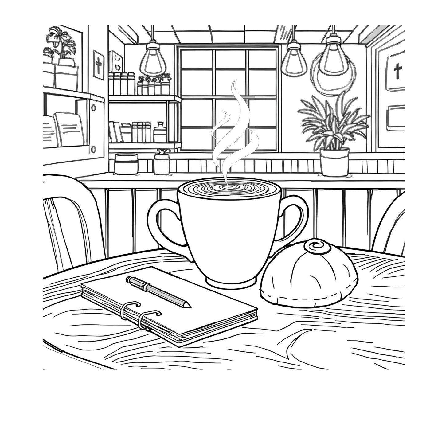 A café table with a large steaming mug, a pastry and an open notebook by a big window.