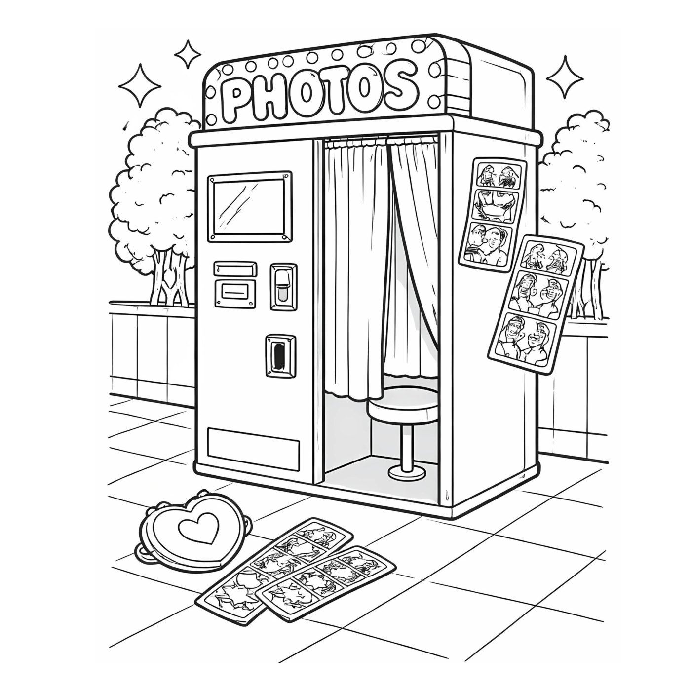 A retro photo booth with a curtain and a strip of photos.