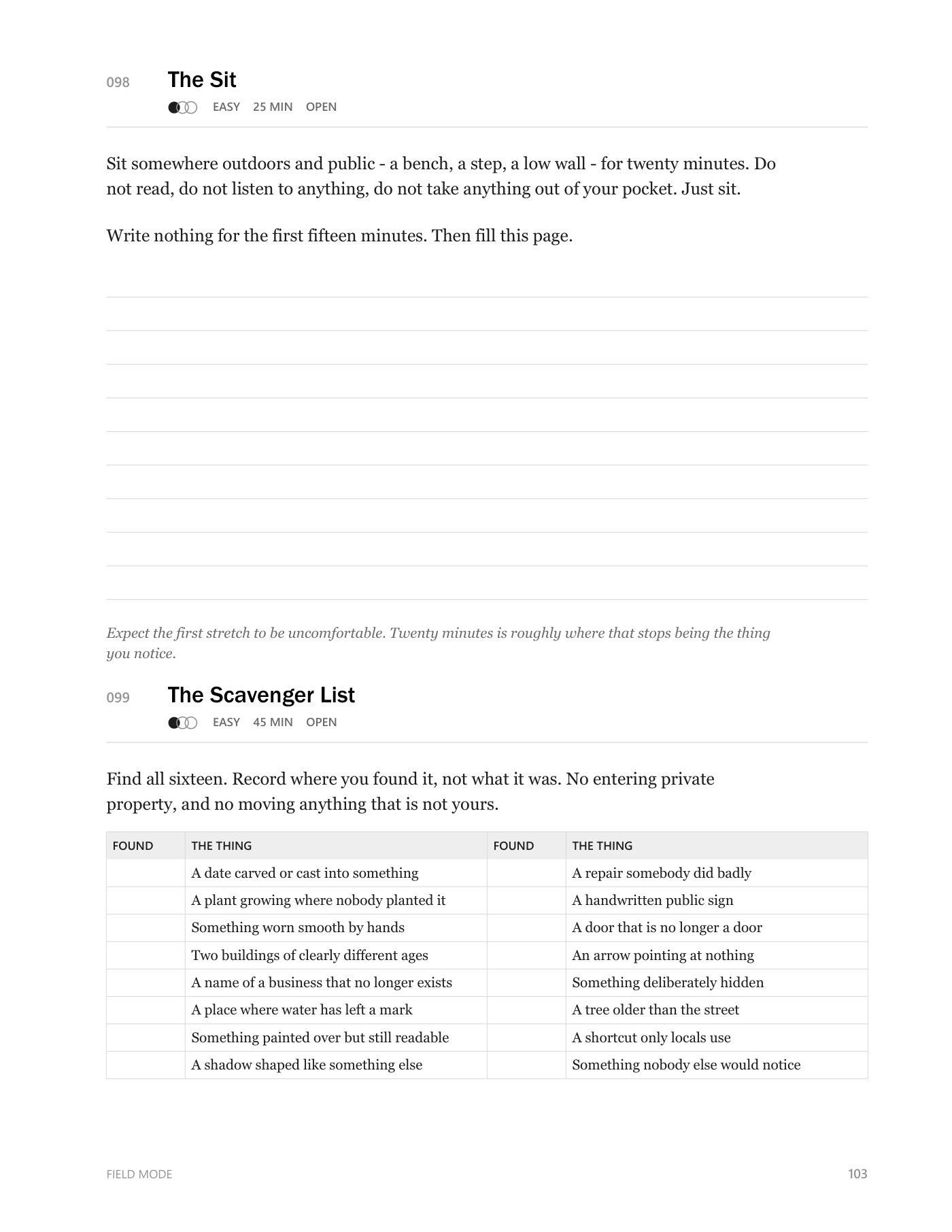 Field Mode missions: The Sit, twenty minutes outdoors with lined space to write, and The Scavenger List of sixteen things to find.